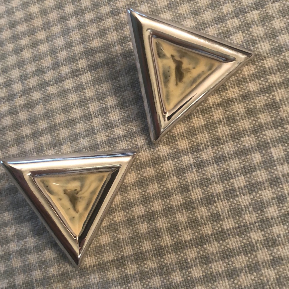 Vintage Silver Tone Triangular Earrings Indented Centre Enamel Sage Yellow -#431 - Picture 4 of 5